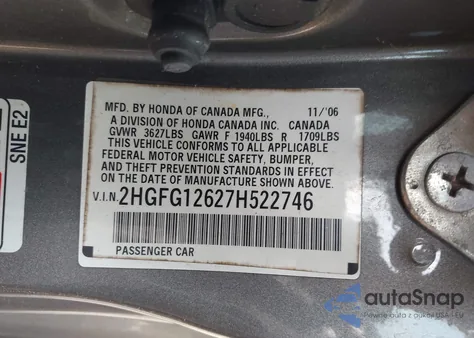 2007 Honda Civic Lx z USA, uszkodzony, nr VIN 2HGFG12627H522746